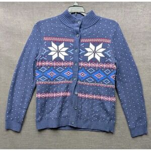 Lands' End Blue Snowflake Sweater Fair Isle Winter Ski Lodge Cabin Core Cardigan